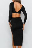 Black Elegant Solid Hollowed Out Backless Slit V Neck Pencil Skirt Dresses