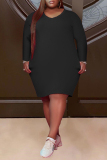 Black Fashion Casual Plus Size Solid Basic V Neck Long Sleeve Dresses