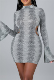 Grey Fashion Sexy Print Bandage Backless Half A Turtleneck Long Sleeve Dresses