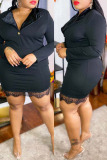 Black Fashion Casual Plus Size Solid Patchwork Turndown Collar Long Sleeve Dresses