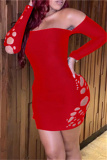 Red Fashion Sexy Solid Hollowed Out Backless Off the Shoulder Long Sleeve Dresses