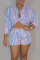 Powder Blue Casual Striped Print Split Joint Turndown Collar Long Sleeve Two Pieces
