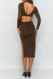 Brown Elegant Solid Hollowed Out Backless Slit V Neck Pencil Skirt Dresses