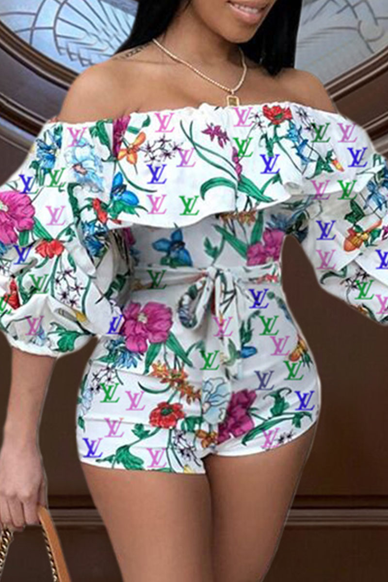 

Multi-color Fashion Casual Print Backless Off the Shoulder Regular Jumpsuits