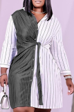 Black Casual Striped Patchwork Turndown Collar Shirt Dress Plus Size Dresses