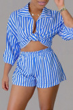 Powder Blue Casual Striped Print Patchwork Turndown Collar Long Sleeve Two Pieces