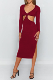 Burgundy Elegant Solid Hollowed Out Backless Slit V Neck Pencil Skirt Dresses