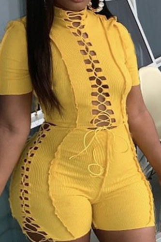 Yellow Sexy Solid Hollowed Out Half A Turtleneck Plus Size Jumpsuits