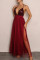 Burgundy Sexy Patchwork Sequins Backless Spaghetti Strap Long Dress