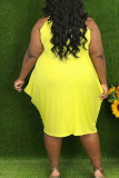 Yellow Casual Print Patchwork V Neck Vest Dress Plus Size Dresses