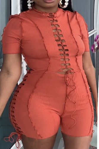 Tangerine Red Sexy Solid Hollowed Out Half A Turtleneck Plus Size Jumpsuits