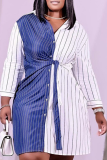 Tangerine Red Casual Striped Patchwork Turndown Collar Shirt Dress Plus Size Dresses