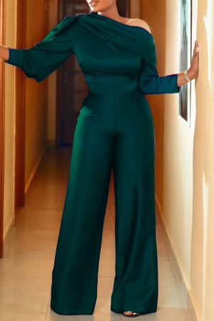 Green Fashion Casual Solid Basic Oblique Collar Regular Jumpsuits ...