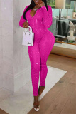 Rose Red Fashion Sexy Print See-through Zipper Collar Skinny Jumpsuits