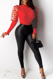 Red Sexy Dot Patchwork O Neck Tops