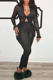 Black Fashion Sexy Solid See-through Turndown Collar Long Sleeve Two Pieces