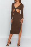 Brown Elegant Solid Hollowed Out Backless Slit V Neck Pencil Skirt Dresses