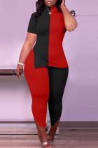Black Red Casual Solid Patchwork Asymmetrical O Neck Plus Size Two Pieces