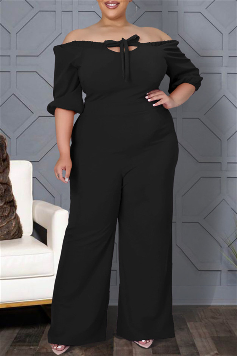 

Black Fashion Casual Solid Bandage Backless Off the Shoulder Plus Size Jumpsuit