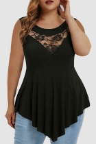 Black Sexy Casual Patchwork See-through O Neck Plus Size Tops