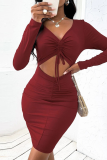Red Fashion Street Solid Frenulum Fold V Neck Wrapped Skirt Dresses