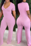 Pink Fashion Casual Solid Basic V Neck Skinny Jumpsuits