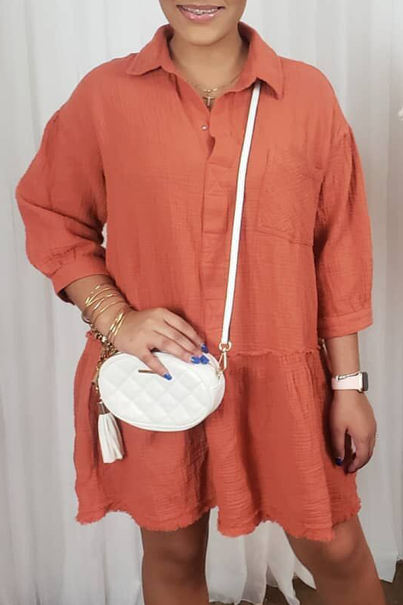 

Orange Fashion Casual Solid Basic Turndown Collar Shirt Dress