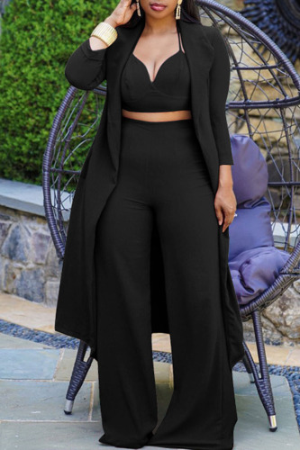 Black Casual Solid Patchwork Turn-back Collar Nine Points Sleeve Two Pieces
