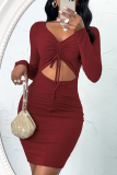 Red Fashion Street Solid Frenulum Fold V Neck Wrapped Skirt Dresses