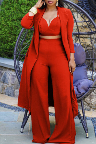 Tangerine Red Casual Solid Patchwork Turn-back Collar Nine Points Sleeve Two Pieces