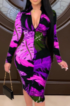 Purple Fashion Casual Print Basic Zipper Collar Printed Dress