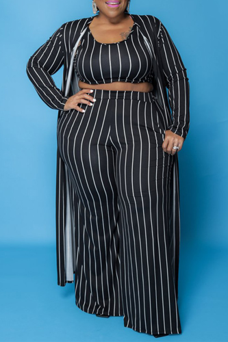 Black Sexy Striped Make Old U Neck Plus Size Three Pieces