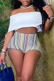 White Casual Striped Print Patchwork Off the Shoulder Short Sleeve Two Pieces
