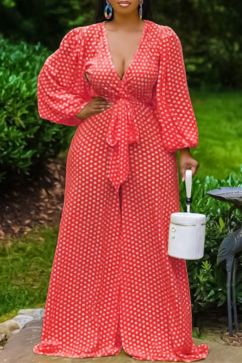 

Red Fashion Casual Dot Print Bandage V Neck Plus Size Jumpsuits