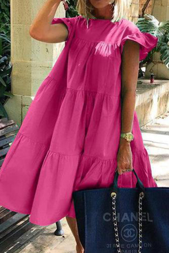 Rose Red Casual Solid Patchwork O Neck Cake Skirt Dresses