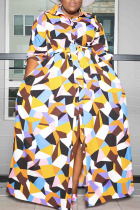 Multicolor  Simplicity Print Split Joint Buckle Turndown Collar Shirt Dress Plus Size Dresses