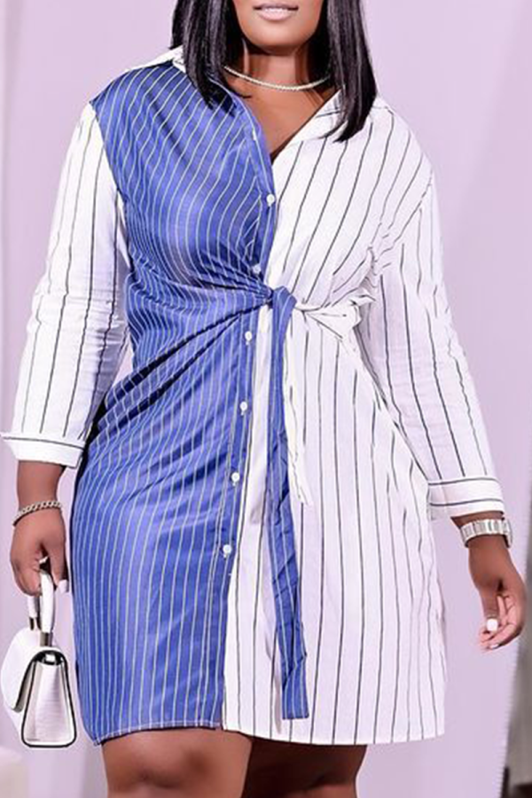 White Blue Casual Striped Patchwork Turndown Collar Shirt Dress Plus Size Dresses