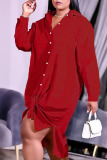 Red Casual Solid Patchwork Buckle Turndown Collar Shirt Dress Plus Size Dresses