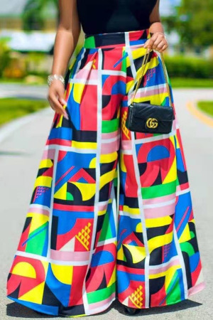 Elegant College Print Patchwork Loose High Waist Type A Full Print Bottoms