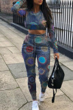 Multi-color Street Print Patchwork O Neck Long Sleeve Two Pieces