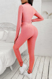 Pink Casual Sportswear Solid Basic Zipper Collar Long Sleeve Two Pieces