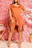 Orange Fashion Casual Solid Slit V Neck Short Sleeve Two Pieces