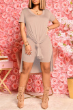 Pink Fashion Casual Solid Slit V Neck Short Sleeve Two Pieces