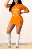 Orange Yellow Sexy Casual Letter Print Ripped O Neck Short Sleeve Dress