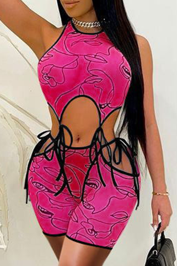 Rose Red Sexy Print Hollowed Out U Neck Sleeveless Two Pieces