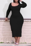 Black Sexy Casual Plus Size Solid Basic O Neck Long Sleeve Dresses