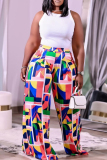 Multi-color College Print Patchwork Loose High Waist Wide Leg Full Print Bottoms