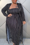 Black White Casual Striped Print Patchwork Strapless Long Sleeve Two Pieces