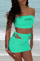 Green Sexy Print Hollowed Out Letter Strapless Sleeveless Two Pieces