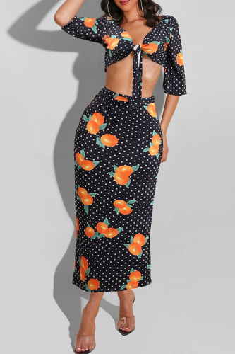 Black Sexy Print Patchwork V Neck Long Sleeve Two Pieces